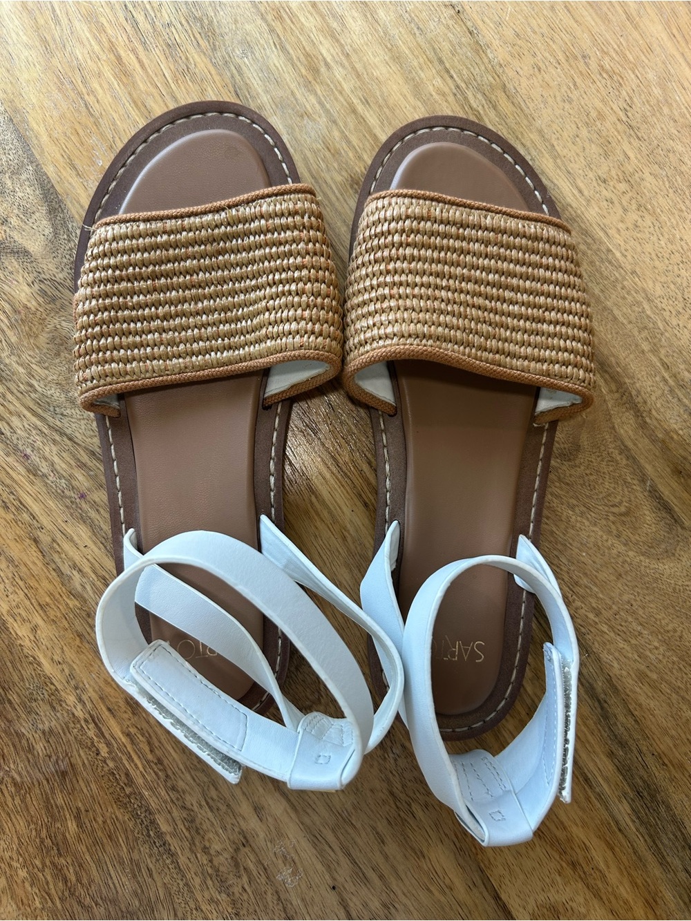 SARTO By Franco Sarto Tan Woven Slide Sandals with White Ankle Straps